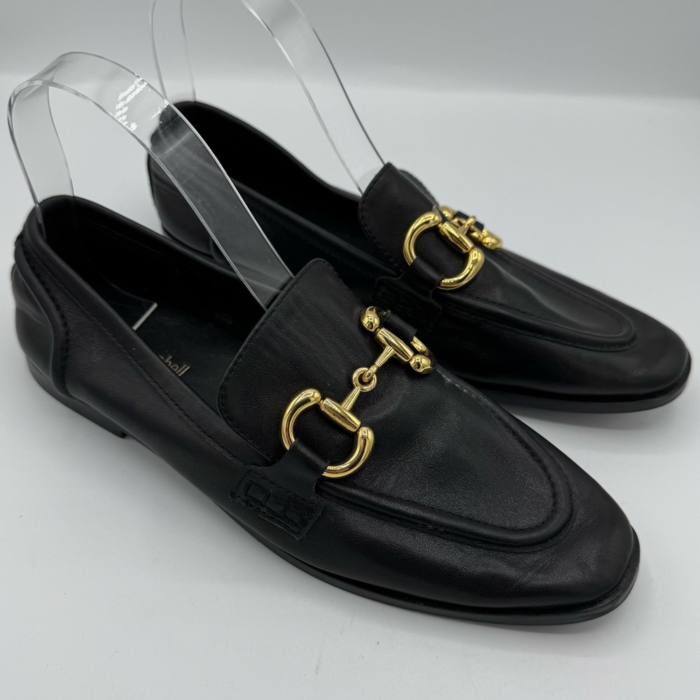 Jeffrey Campbell Black Leather Loafers with Gold Horsebit